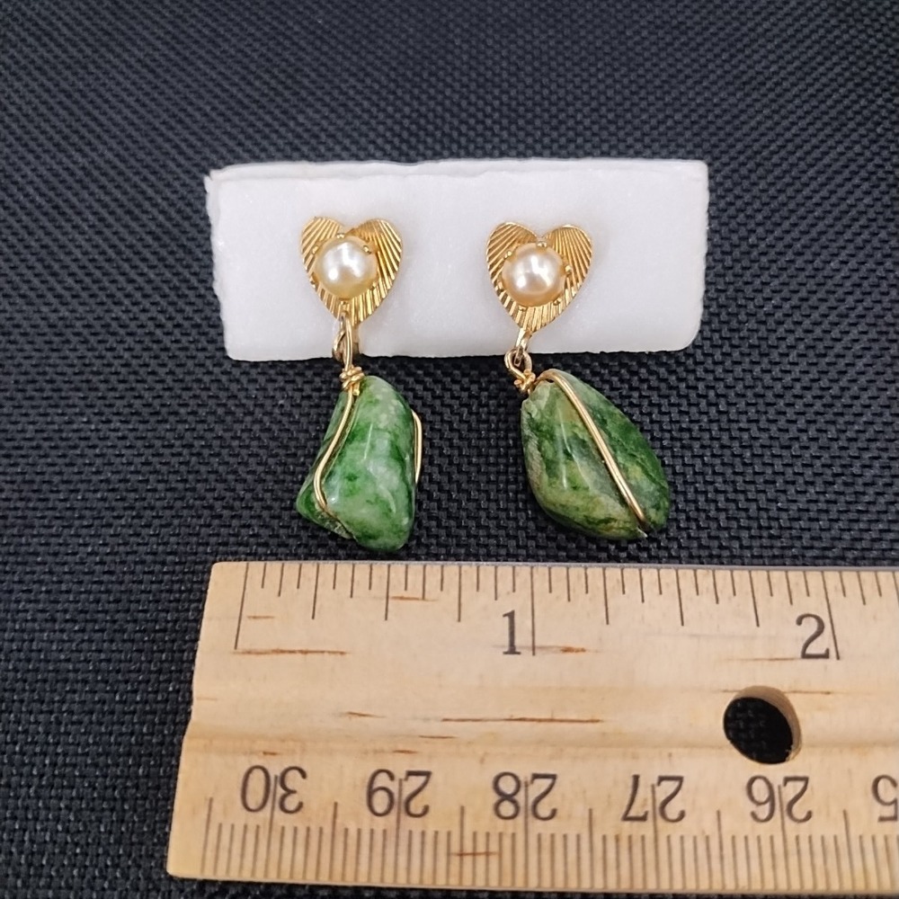 Vtg Gold Tone Jade Pearl Wreath Circle Brooch Pin & Screw-back Clip Earring Set - Picture 10 of 11